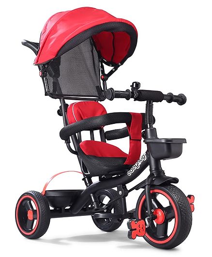 Babyhug  Plug & Play Stallion Tricycle with Parental Push Handle & Foldable Canopy - Red Black