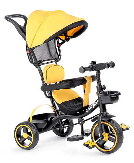 Babyhug  Plug & Play Stallion Tricycle with Parental Push Handle & Foldable Canopy - Yellow Black