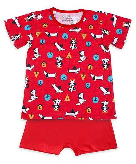 SuperBottoms Half Sleeves Dog & House Printed Top With Shorts - Red & White