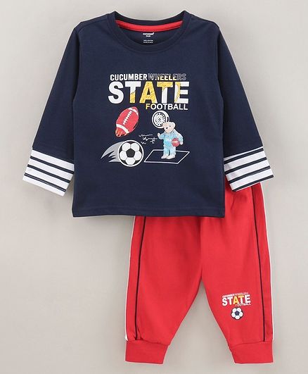 CUCUMBER Full Sleeves T-Shirt & Loungepant Set Train & Stars Print - Red Black