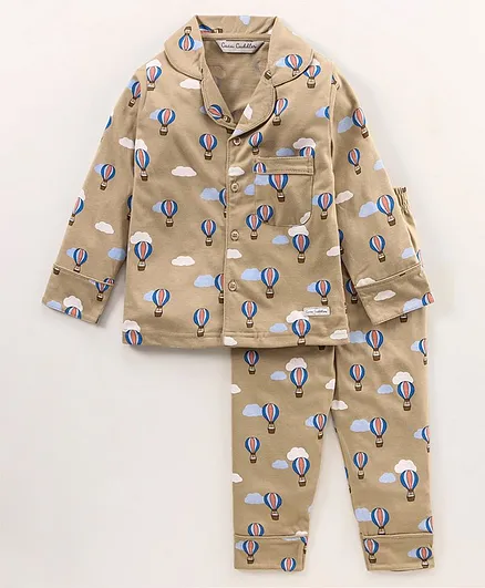 CUCUMBER Full Sleeves Night Suit Hot Air Balloon Print - Beige