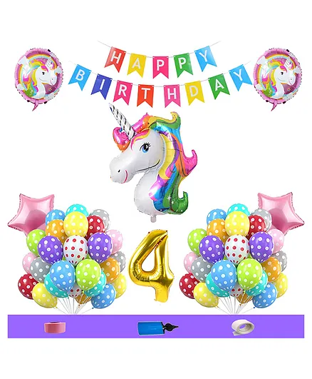 Shopperskart  Unicorn Themed 4th Birthday Decoration Combo Multicolor - Pack of 60