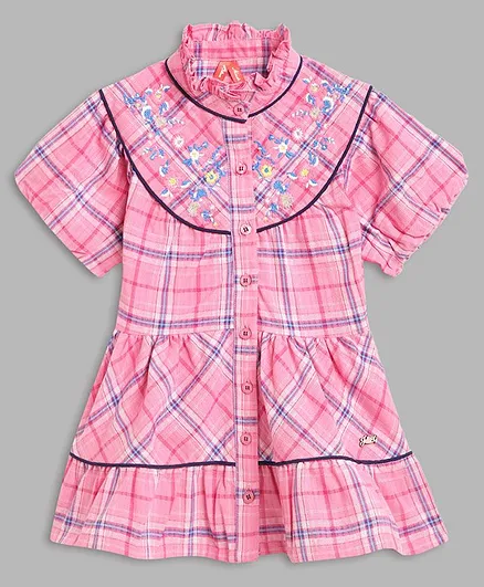 Blue Giraffe Half Sleeves Floral Placement Embroidered Checked Dress - Pink