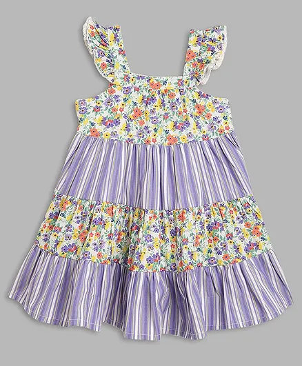 Blue Giraffe Cap Sleeves Floral Print & Striped Tiered Dress - Lilac & White