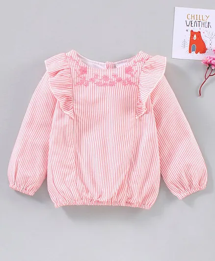 Babyhug Cotton Woven Full Sleeves Top Floral Embroidered - Pink