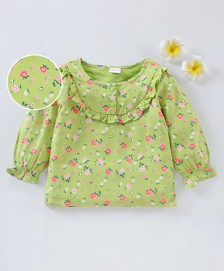 Babyhug Cotton Woven Three Fourth Sleeves Top Floral Print - Olive