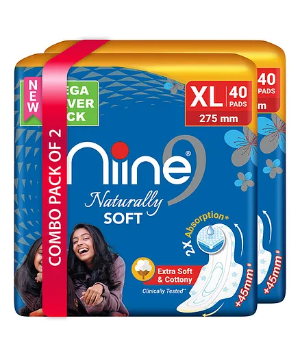 NIINE Naturally Soft XL Sanitary Pads With Anti Leak Flow Channel, Extra Soft and Cottony Pack of 2 -  80 pads