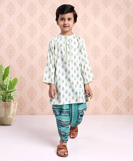 Babyhug Full Sleeves Printed Kurta & Stripe Dhoti - Off White Blue