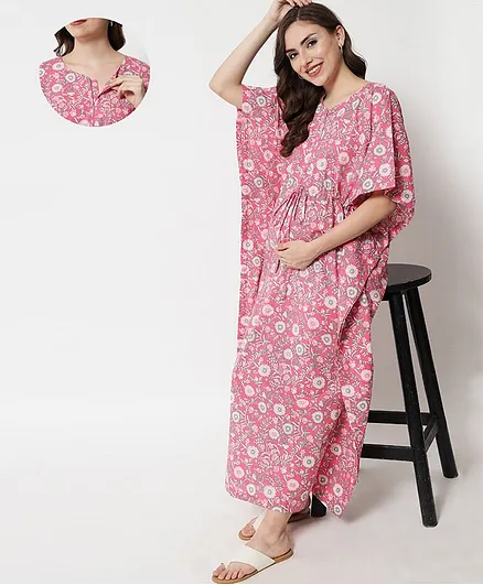 Aujjessa Half Sleeves Floral Printed Kaftan Style Maternity Feeding Dress - Pink