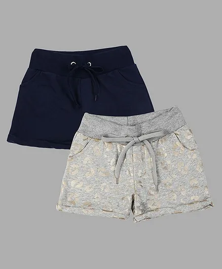 RAINE AND JAINE Pack Of 2 Leopard Foil Printed Shorts - Grey Melange & Navy Blue