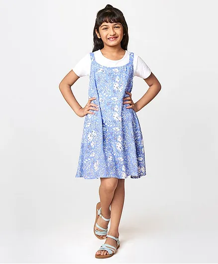 Global Desi Girl Half Sleeves Leaves And Floral Print Dress - Blue