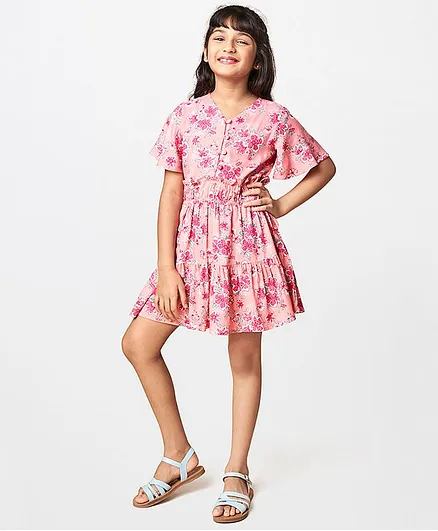 Global Desi Girl Flared Half Sleeves All Over Floral Printed Tiered Dress - Pink