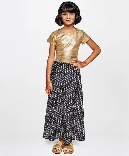 Global Desi Girl Half Sleeves Shimmer Finish Motif Print Top With Sequin Embellished Skirt - Golden Black