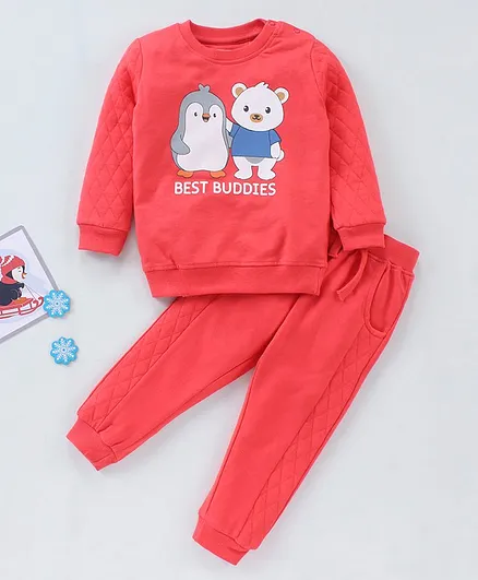 Babyhug Cotton Knit to Knit Full Sleeves Text Printed Tee & Lounge Pant - Red