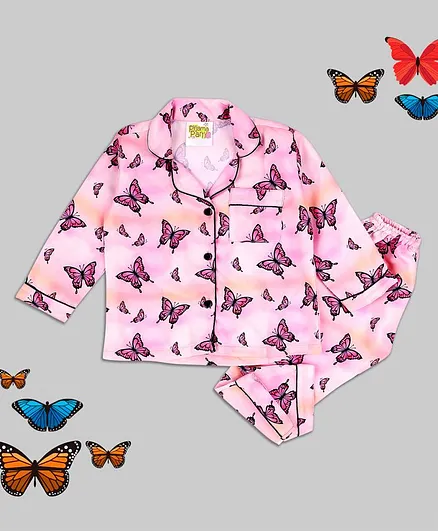 Pyjama Party Full Sleeves Butterfly All Over Print Night Suit - Baby Pink