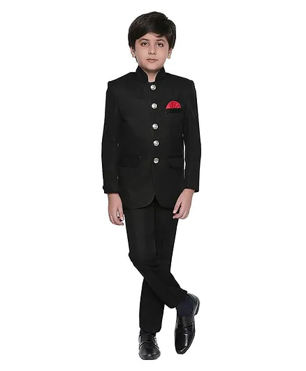 Jeet Ethnics Full Sleeves Solid Jodhpuri Coat With Front Pockets & Pants - Black