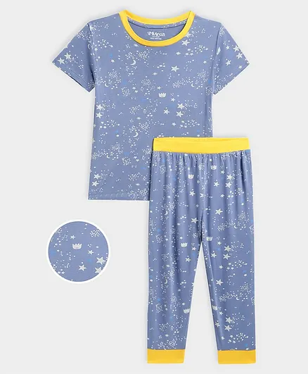 Mi Arcus Half Sleeves All Over Star & Moon Printed Tee With Pyjama Slumber Set - Blue