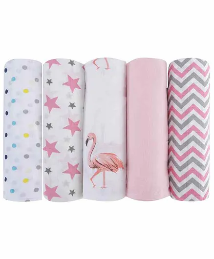 haus & kinder 100% Cotton Muslin Swaddle Wrap Pack of 5 - Pink & White