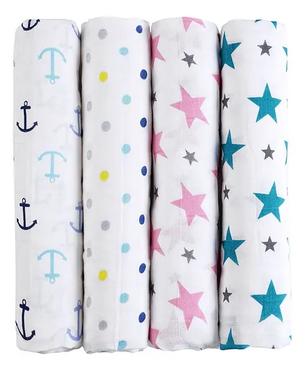 Haus & Kinder Cotton Muslin Swaddle Wrap Anchor Dots and Twinkle Print Pack of 4 - Turquoise and Pink 