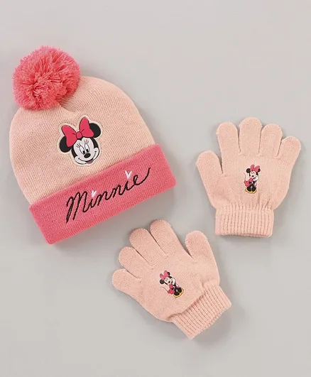 Babyhug Woollen Cap & Gloves Set With Pom Pom Detailing & Minnie Mouse Print Pink - Diameter 10.5 cm