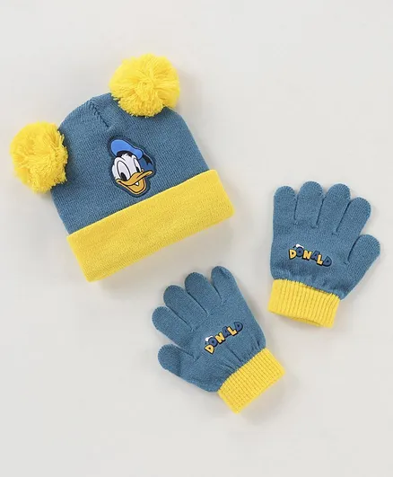 Babyhug Woollen Cap & Gloves Set With Pom Pom Detailing & Donald Duck Print Blue - Diameter 10.5 cm