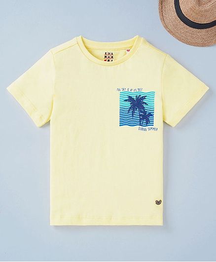 Ed-a-Mamma Half Sleeves Sustainable Palm Tree In Sunset Chest Placement Print Tee - Yellow