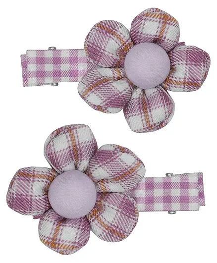 Funkrafts Set Of 2 Checked & Flower Patched Hair Clips - Purple