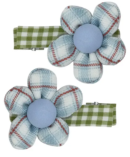 Funkrafts Set Of 2 Checked & Flower Patched Hair Clips - Blue