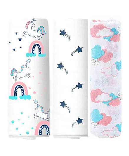 Elementary Organic Cotton Muslin Swaddle Wraps Magical Unicorn Rainbow Theme Print Set of 3 - Pink Blue and Off White