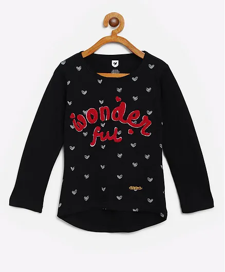 612 League Full Sleeves Wonderful Text Embroidered & Heart Printed Top - Black
