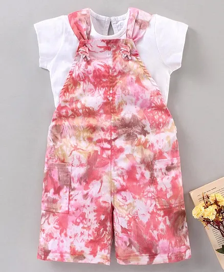 Ollington St. Half Sleeves Top Tie And Dye Front Pocket Dungaree Set - White Pink