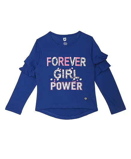 612 League Tiered Full Sleeves Forever Girl Power Text Printed Top - Blue