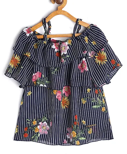 612 League Cold Shoulder Half Cape Sleeves Floral Print Layered Yoke Striped Tops - Navy Blue