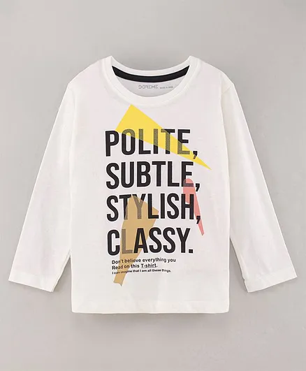 Doreme Cotton Full Sleeves T-Shirt Text Print - Off White