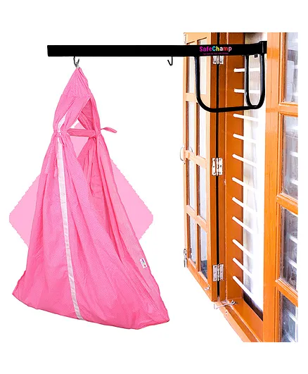 SafeChamp Small Dots Baby Cradle Cloth with Seperator And  Metal Window Cradle Hanger - Pink