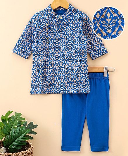 Earthy Touch Cotton Knit Half Sleeves Kurta & Pajama Set Ethnic Print - Navy