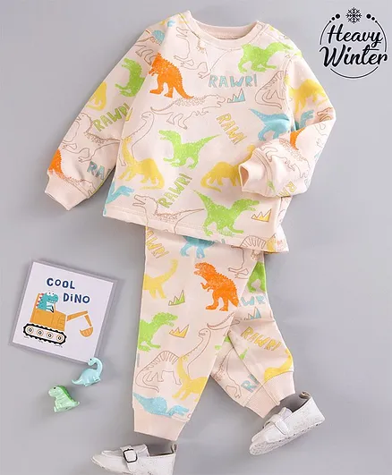 Babyoye Eco conscious 100% Cotton Brushed Fleece Winter Wear Night Suit Dino Print - Multicolour