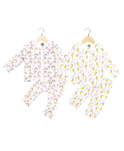 The Mom Store Pack Of 2 100% Cotton Full Sleeves Fruits And Rainbow Printed Night Suit - Purple Yellow