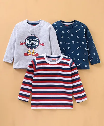 Babyhug Cotton Knit Full Sleeves T-Shirts Multi Print & Stripes Pack of 3 - Multicolour