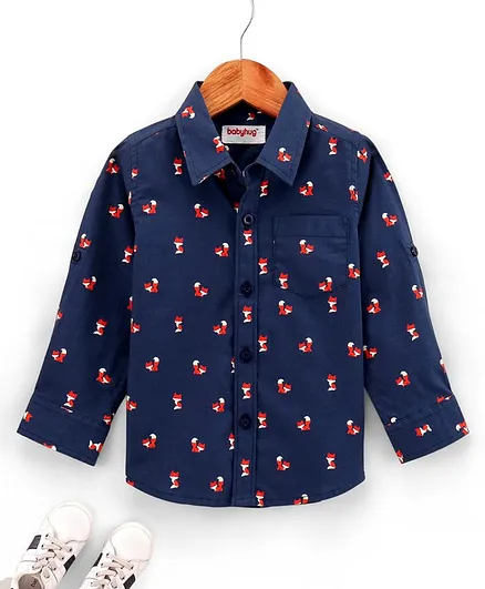 Babyhug Cotton Woven Full Sleeves Fox Printed Shirt - Navy