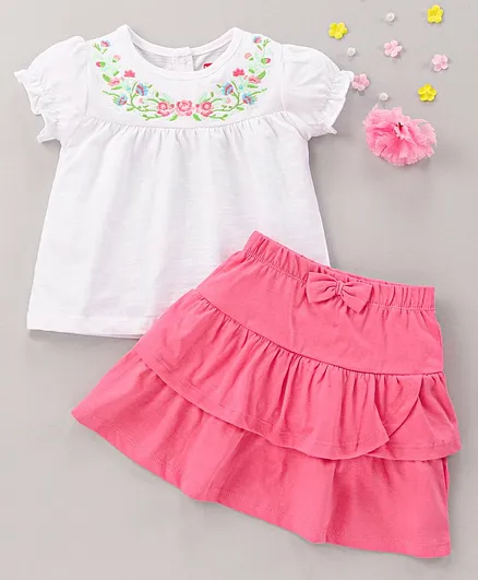 Babyhug Cotton Knit Short Sleeves Top & Skirt Floral Embroidery - Pink White