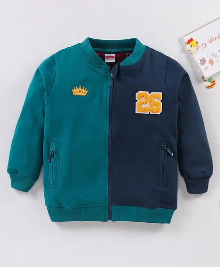 Babyhug Full Sleeves Cotton Knit Front Open Sweat Jacket with Crown & Numeric Embroidery - Navy Green