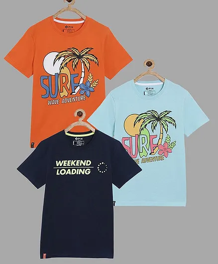 3PIN Pack Of 3 Half Sleeves Surf Wave Adventure & Weekend Loading Chest Printed Tee - Orange & Blue