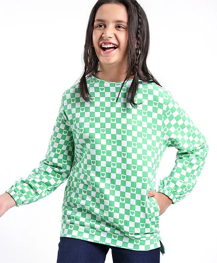 Pine Kids Full Sleeves Cotton Biowashed Sweatshirt Checks & Hearts Print- Green