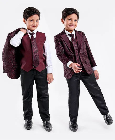 Babyhug Full Sleeves 5 Pcs Party Suit In Jacquard Blazer Waist Coat & Stretch Fit Pants - Wine