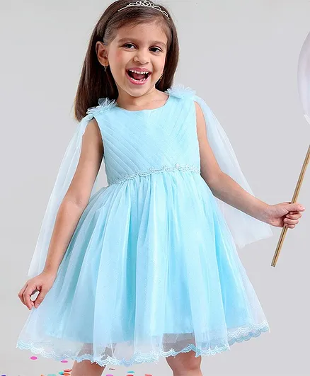 Babyhug Sleeveless Party Wear Frock With Corsage - Frozen Blue