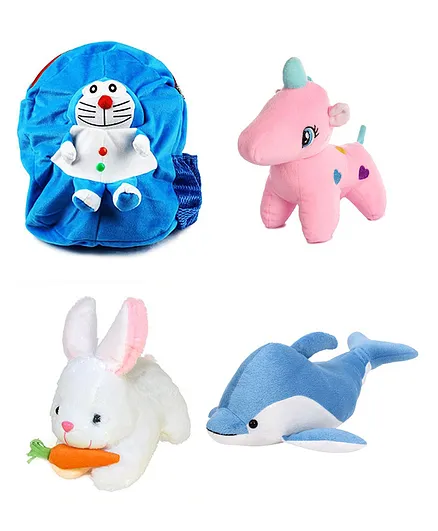 Deals India Toddler Plush Doraemon Backpack With Unicorn Rabbit with Carrot and Dolphin Multicolour - 14.91 Inches