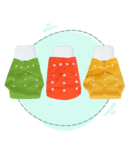 My Newborn Pack of 3 Diapers with 3 Microfiber Inserts Pocket Cloth Diapers Reusable Washable and Adjustable Nappies Absorbent Soaker Pad for Babies - Green Yellow Orange