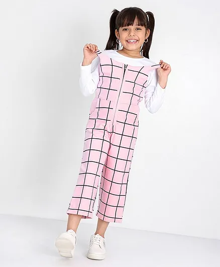OLLINGTON ST. Full Sleeves Top & Checked Dungaree Set - Pink White