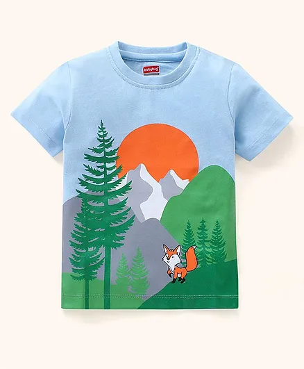 Babyhug Cotton Knit Half Sleeves T-Shirt Mountain Print - Blue